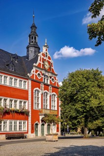 Baroque building with red façade and clock tower flanked by trees on a sunny day, The old town of