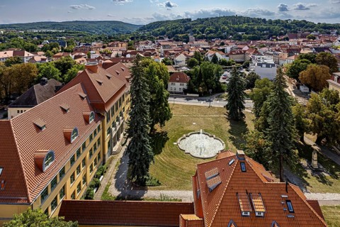 Aerial view of a city with historic buildings and green surroundings, The old town of Arnstadt in