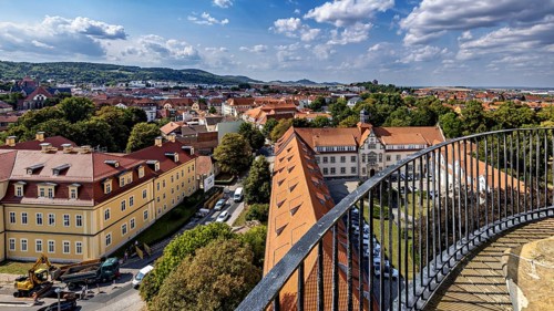 Panoramic view of a city with yellow houses and cloudy sky, The old town of Arnstadt in Thuringia