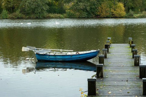 Borken-Hoxfeld, NRW, Germany, A blue boat rests calmly at the edge of a wooden dock on a quiet lake