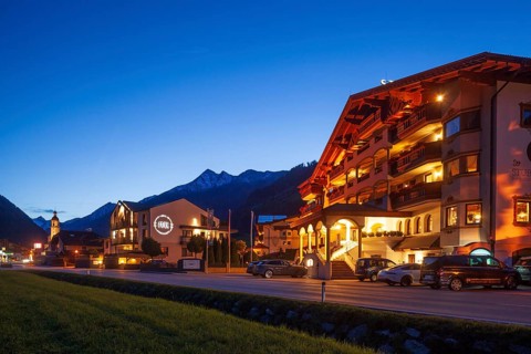 View of town with Hotel Stubaier Hof at dusk, Neustift im Stubai Valley, Stubai Valley, Stubai,