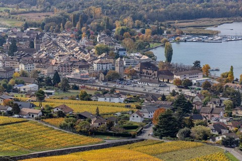View of Villeneuve and lakeside, Lac Léman, Vaud, Switzerland