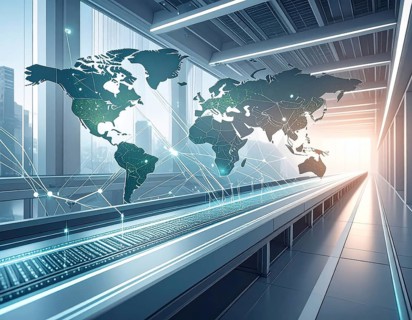 Abstract visualization of global rare earth supply network feeding EV industry, world map design,