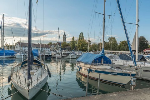 Port and Catholic Church of St. Johannes, Romanshorn, Lake Constance, Canton of Thurgau,