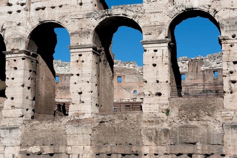 Part of façade with window arch in outer wall of Amphiteatrum Flavium Colosseum Colosseo in ancient