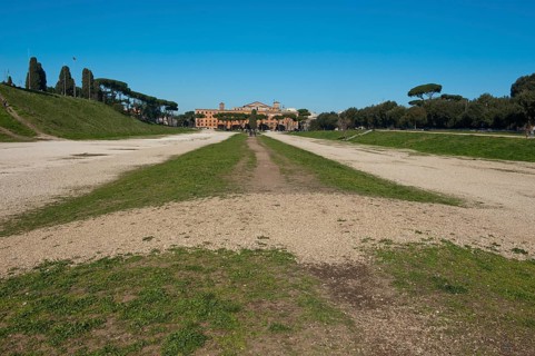 View of today green embankment former spina central element of in Circus Maximus venue of chariot