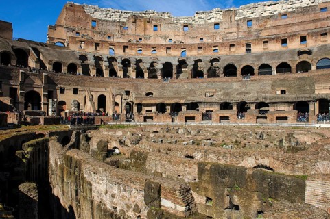 View of exposed hypogeum hypogeum substructure of historic arena Colosseum in ancient center of