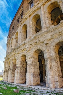 Part of the preserved façade of the historic ancient Marcellus Theatre, Rome, Lazio, Italy