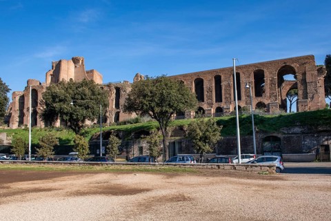 View from Arena racecourse Circus Maximus chariot race venue to ruins of Domitian Imperial Palace,