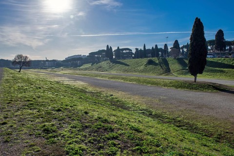 View along today green embankment former spina central element of in Circus Maximus venue of