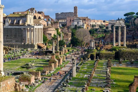 View from elevated position of Roman Forum in ancient center of Rome, Rome, Lazio, Italy