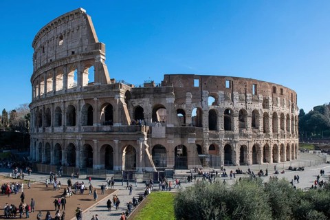 View from an elevated position of the historic arena Amphiteatrum Flavium Colosseum in the ancient