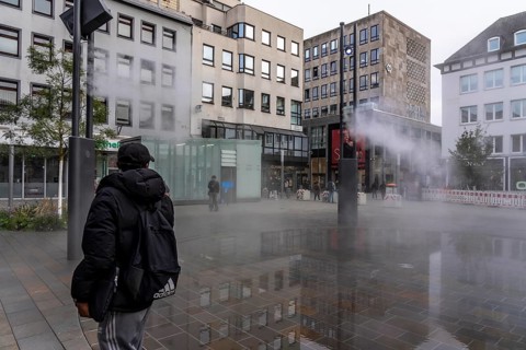 Digital water feature, Blue Cloud water installation on Husemanplatz in downtown Bochum, water mist