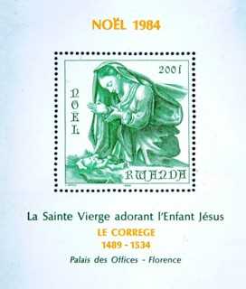 Madonna and Child, Mary with Jesus, painting by Le Correge in Florence on Rwandan Christmas stamp