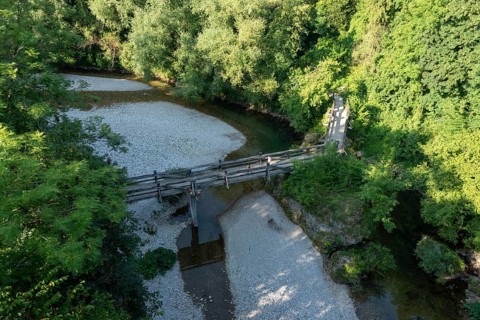 View over bridge, gravel bed, trees, Kranj, Upper Carniola, Slovenia