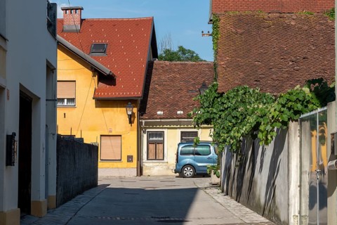 Old crouched houses, car, color contrast, Kranj, Upper Carniola, Slovenia