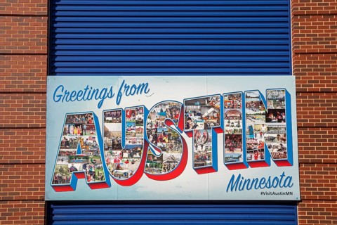 Austin, Minnesota - A 'Greetings from Austin' sign onthe side of the SPAM Museum. SPAM is a lunch