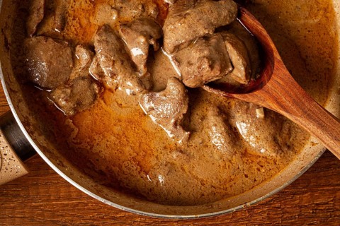 Beef stroganoff, pan cooking, close-up, homemade