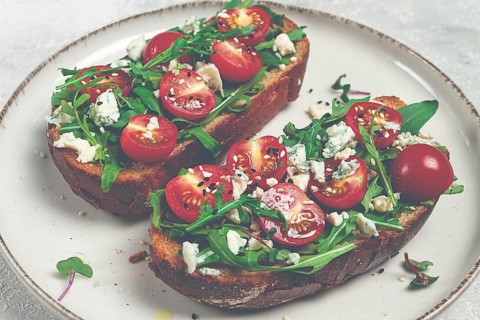 Arugula sandwiches and cherry tomatoes, cheese with mold, breakfast, snack, homemade