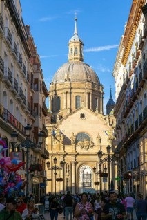View of Basilica of Our Lady of the Pillar cathedral church from Calle de Alfonso I, Zaragoza,
