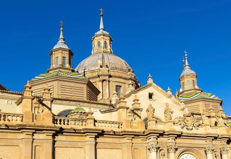 Towers and domes on roof of Basilica of Our Lady of the Pillar cathedral church, Zaragoza, Aragon,