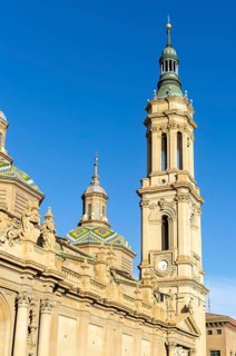 Towers and domes on roof of Basilica of Our Lady of the Pillar cathedral church, Zaragoza, Aragon,