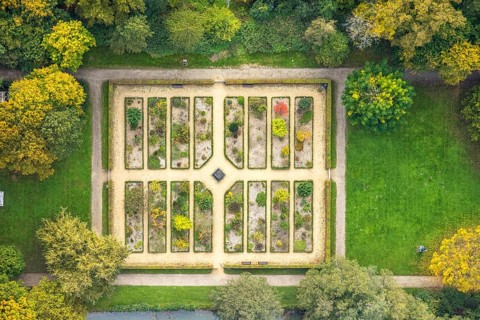 Aerial view, castle park with herb garden at Moyland Castle, Herbstwald, Moyland, Bedburg-Hau,