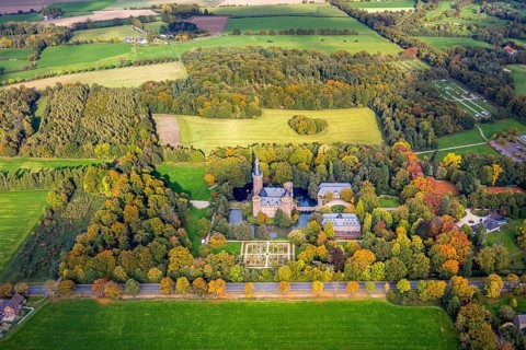 Aerial view, Moyland Castle Museum, neo-Gothic moated castle and castle park with herb garden