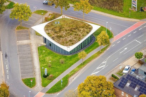 Aerial view, Volksbank branch with green roof, Bedburg, Bedburg-Hau, Lower Rhine, North