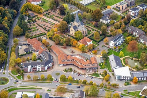 Aerial view, St. Markus Cathedral Schneppenbaum and St. Markus cemetery, autumn trees, Klosterplatz