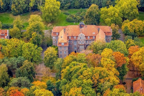 Aerial view, LVR-Klinik, Nordlicher Rundweg medical building, and autumn trees, Hau, Bedburg-Hau,