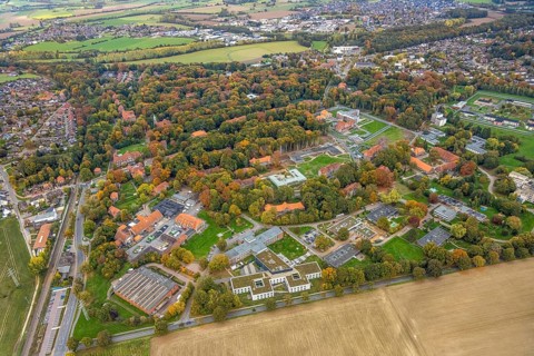 Aerial view, LVR-Klinik Bedburg-Hau and Herbstlicher Wald, Hau, Bedburg-Hau, Lower Rhine