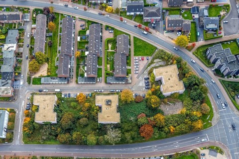 Aerial view, row house apartment houses Duvelskamp, between Westring and Mühlenstraße, autumn