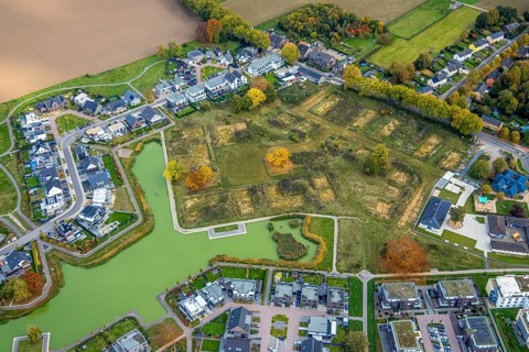 Aerial view, New Zealand Goch, Neu-See-Land development area, single-family houses and townhouses,