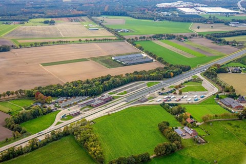 Aerial view, A57 motorway and Gennep-Autoweg A77, Dutch border crossing, Kleve federal border guard