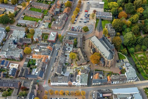 Aerial view, Catholic parish church of St. Maria Magdalena, Goch, Lower Rhine, North