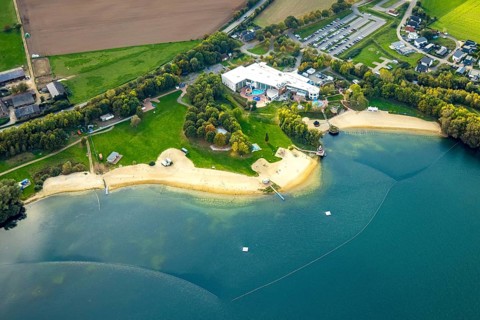 Aerial view, GochNess leisure pool and sandy lido, cauldron, autumn trees, Goch, Lower Rhine, North