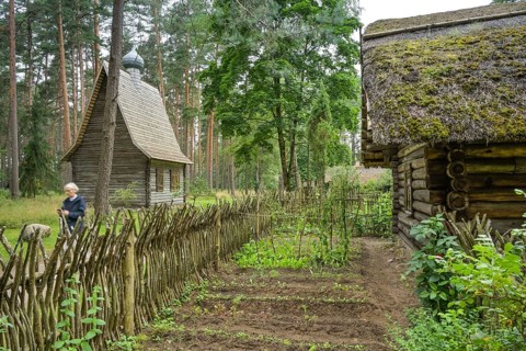 Garden, wooden house, farmhouse, Latvian Ethnographic Open-air Museum, Brivdabas iela, Riga, Latvia