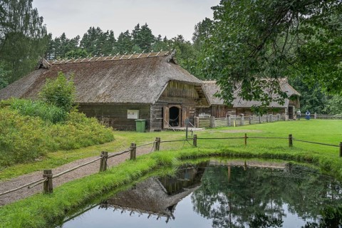 Pond near the village, wooden house, farmhouse, Latvian Ethnographic Open-air Museum, Brivdabas