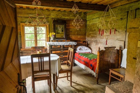 Bed, living room, table, wooden house, fisherman's house, Latvian Ethnographic Open-Air Museum,