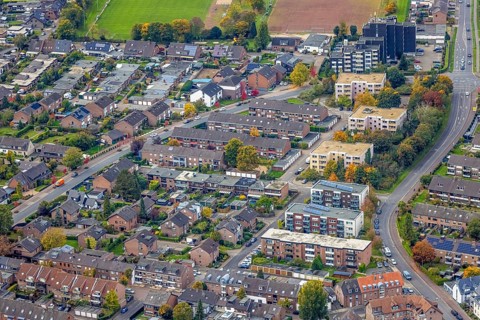 Aerial view, row house apartment houses Duvelskamp, between Westring and Mühlenstraße, autumn