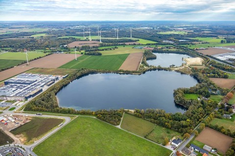 Aerial view, Tricor Werk packaging company at Sandgrube Höster Feld, Weeze, Lower Rhine, North