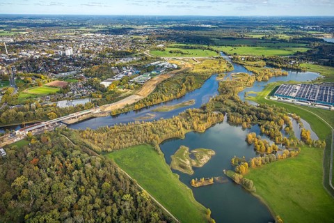 Aerial view, Lippe estuary, construction site and new Lippe bridge building and extension with