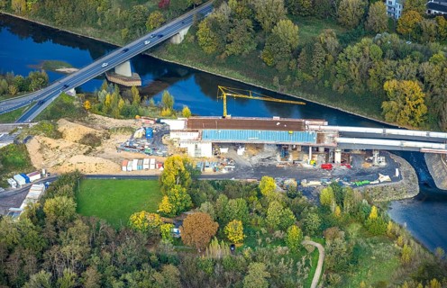 Aerial view, Lippe bridge construction site, new bridge over the river Lippe for connection to the