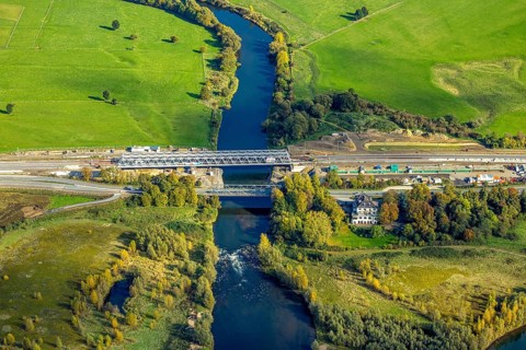 Aerial view, railway bridge and road bridge B8 at Lippeschlößchen across the river Lippe,