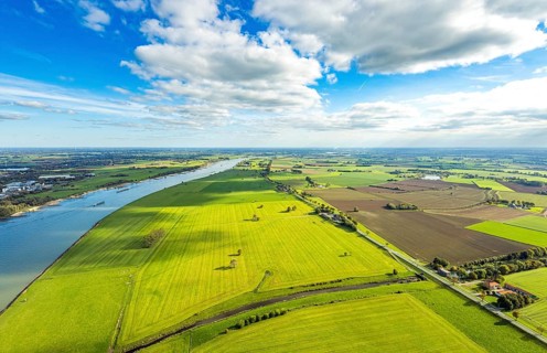 Aerial view, Rhine river with dyke foothills near Grieth LSG landscape protection area, Rheinaue
