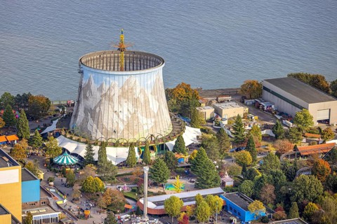 Aerial view, Kalkar Wonderland amusement park on the river Rhine, family park with events such as