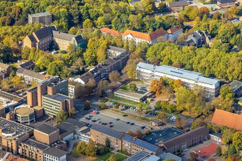 Aerial view, Wesel Town Hall, Duisburg City Training College, Wesel District Court and construction