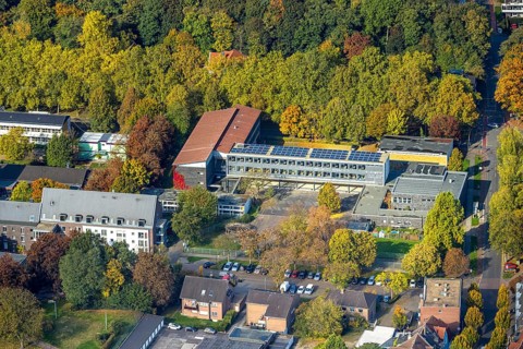 Aerial view, Bildungszentrum Niederrhein Wesel vocational school, autumn trees, Wesel, Lower Rhine,