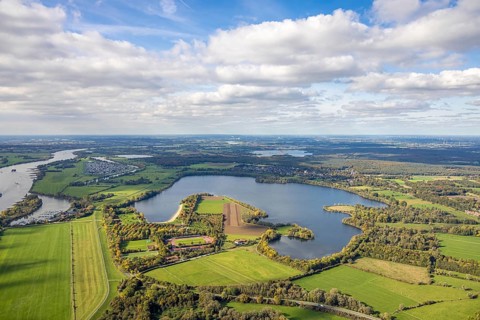 Aerial view, Auestadion Wesel, soccer stadium and athletics stadium surrounded by autumn trees,
